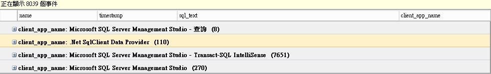 出現群組後的結果，其中.Net SqlClient Data Provider群組展開